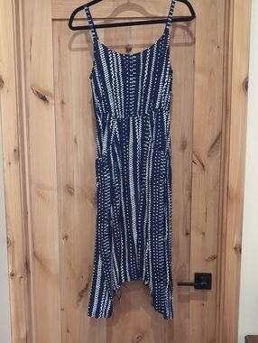 CAbi Navy & White Striped Midi Dress with Spaghetti Straps